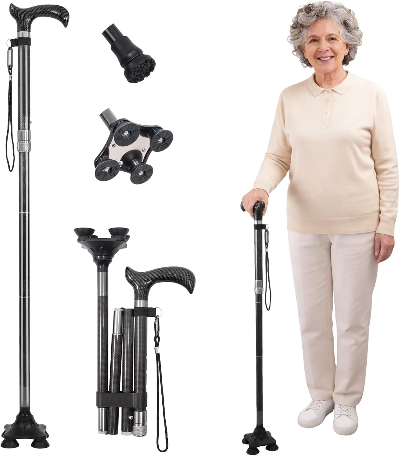 Adjustable Walking Cane for Men & Women, Premium Carbon Fiber Black Cane,Folding Walking Cane,Ultralight 0.55 Lb,Supports 300 Lbs,Walking Stick for Seniors