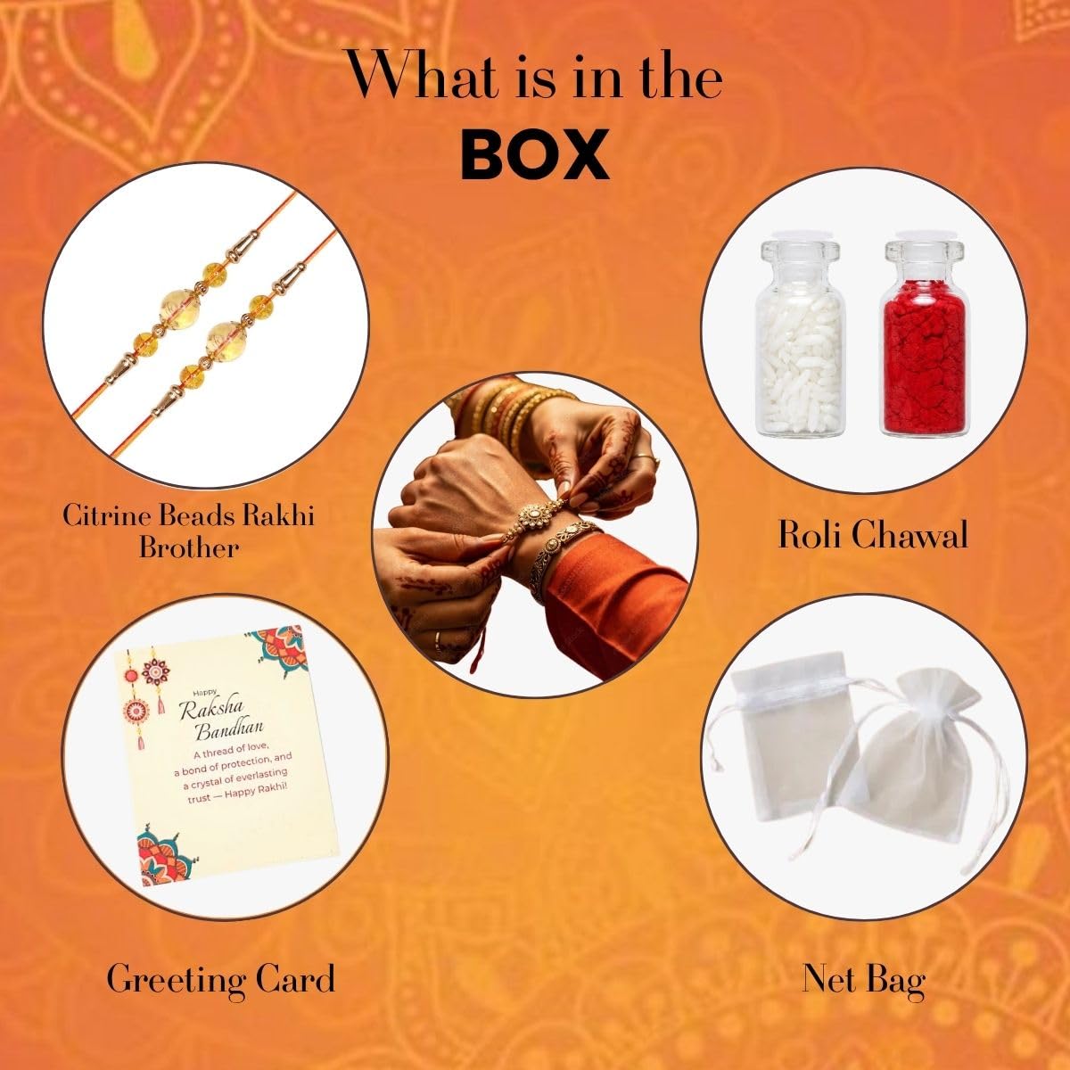 Citrine 3 Beads Rakhi for Brother | Handmade Dori Rakhis for Raksha Bandhan with Roli Chawal Bottle | Spiritual Rakshabandhan Gift for Brother | Natural Crystal Rakhi set for Brothers (Pack of 2) 1