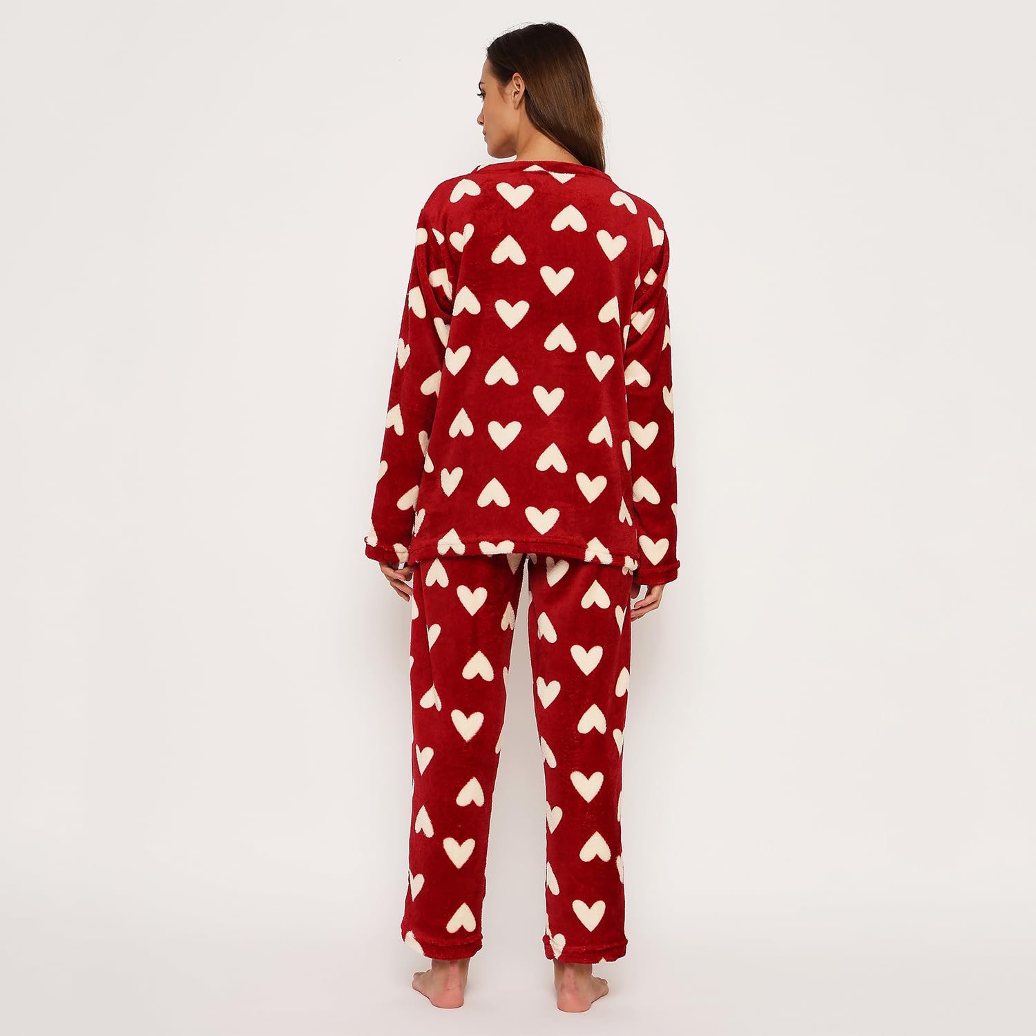 CAMEY Wool Blend Women's Printed Full Sleeve Round Neck Top and Pajama Pants with Pockets (Red, Small) - Image 5 thumbnail