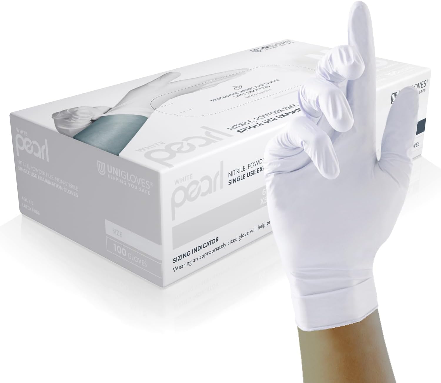 Unigloves White Pearl Nitrile Examination Gloves - Multipurpose, Powder Free and Latex Free Disposable Gloves - Box of 100 Gloves, White, Medium (GP0023)