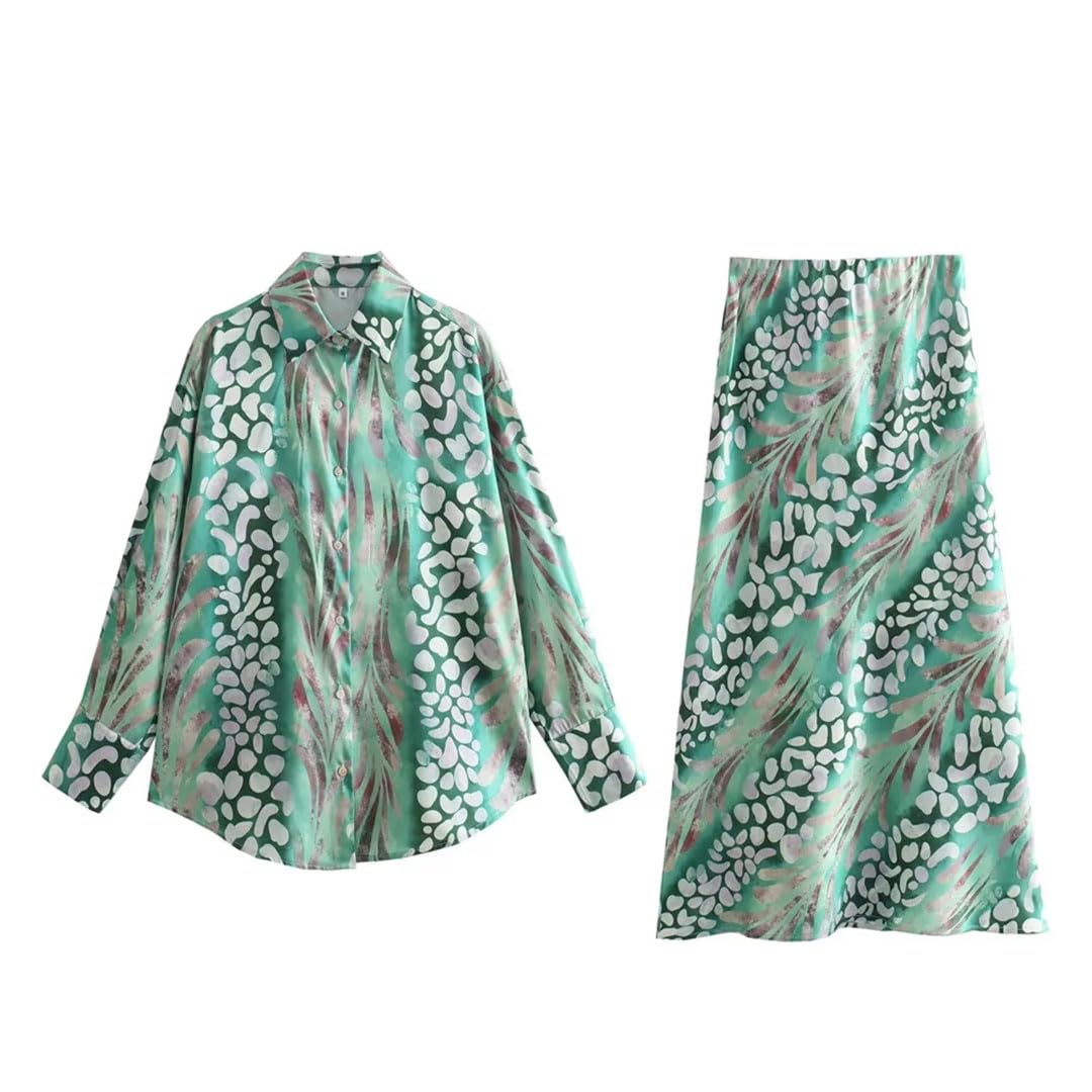 Primavera Prodotto En's ed Elegance Seta Texture Stampata Camicia Vita Alta Gonna Set