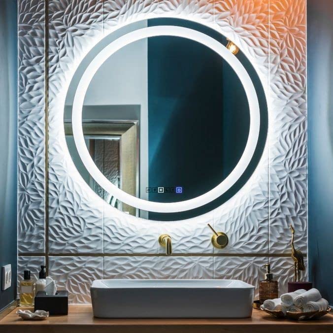 UNIQUE MIRROR Round Wall Mirror Stylish Design and Modern Mirror for Bathroom and Bedroom Mirror with Touch Sensor 3 Color Light-Wall Mounted Mirror with Front Light and Shape (21x21).