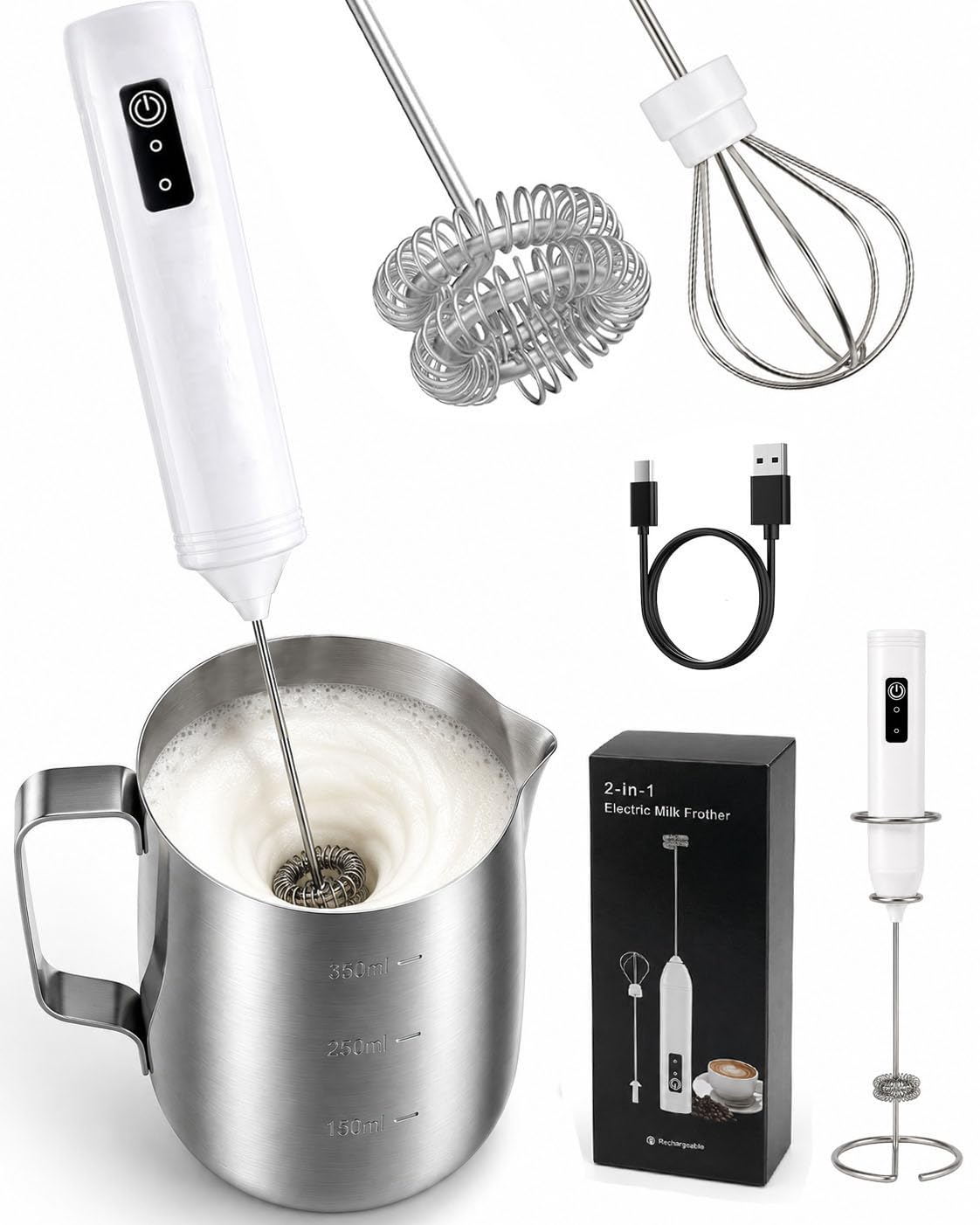 Electric Milk Frother Handheld with Stand, 350ml/12oz Milk Frother Jug