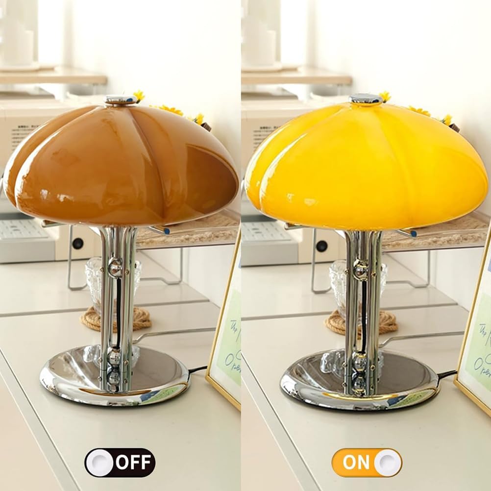 AoLa Pilz Tischlampe mit Kabel, Dimmbar LED Pilz Lampe mit Schalter und USB Stecker Tischleuchte Modern Mushroom Lamp mit Orange Glas Lampenschirm Nachttischlampe für Schlafzimmer Wohnzimmer Deko