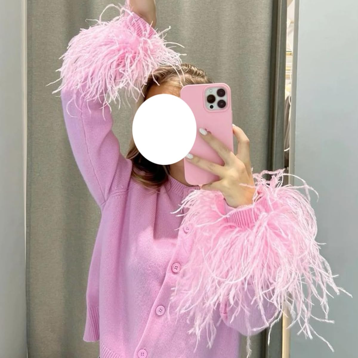 Women Feather Trim Cuff Sweater Cardigan Faux Fur Long Sleeve Knit Solid Color Button-up Crop Cardigan Streetwear - Image 4