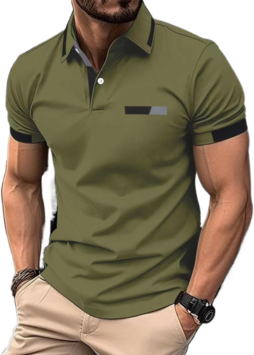 SthxyfaithMens Golf Polo Shirts Short Sleeve Collar Tennis Shirt Color Block Striped Work T-Shirt Green Medium