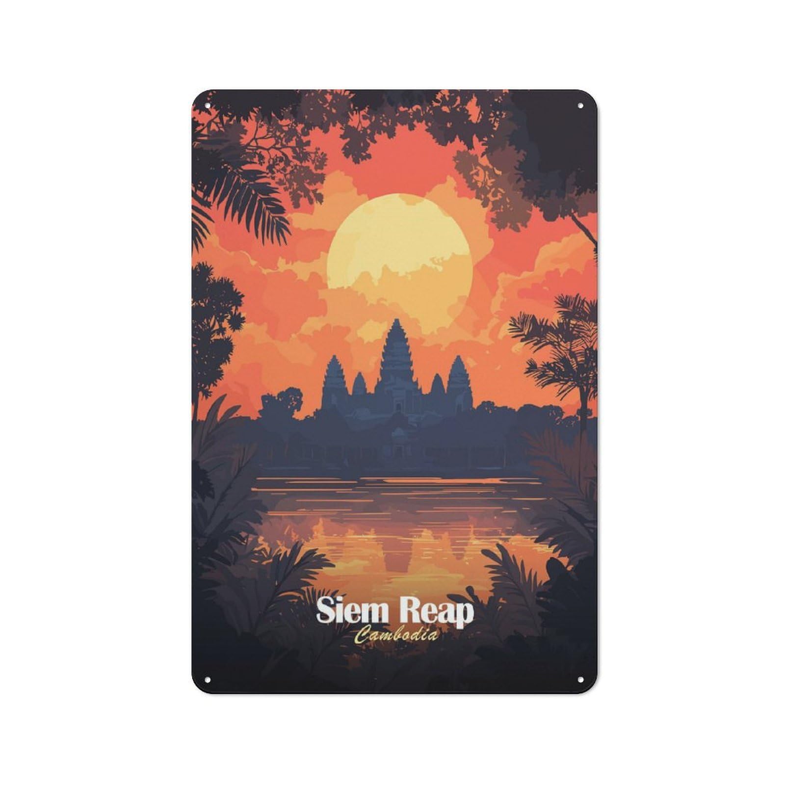 Country Country Metal Sign 30x20cm Featuring Angkor Wat Sunset, Rustic Kitchen Decor for Cottage, Kitchen, Hallway Or Breakfast Nook