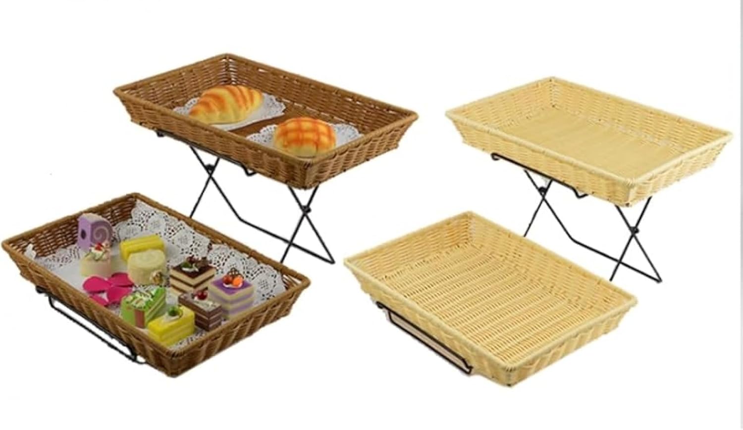 二段ブレッドバスケット・ブレッドボックス 33&times;27cm 透明フリップ式カバー・フードカバー付き ラタン風 藤編み ディスプレイトレ