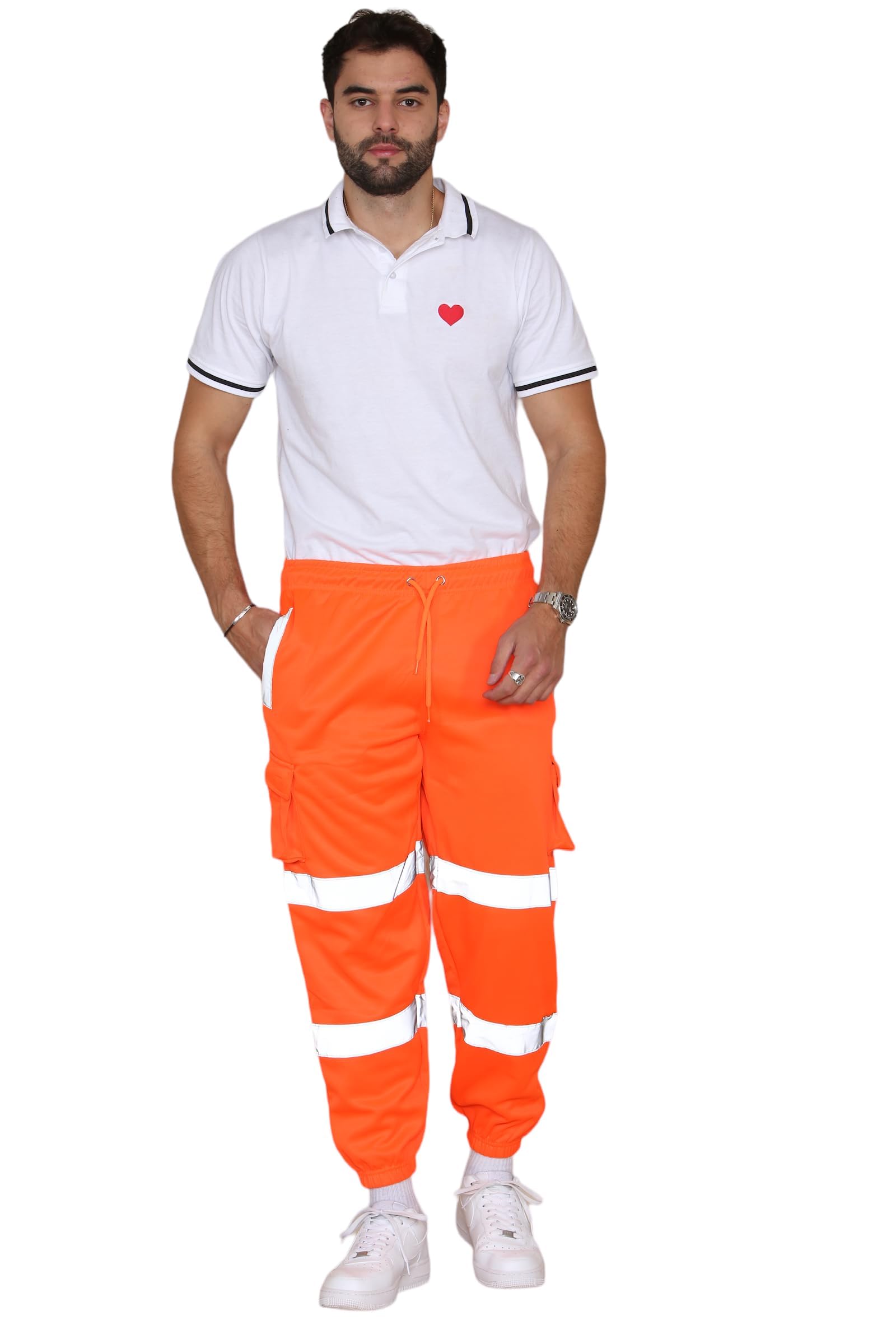 Fairy Trendz Men's Orange Hi Viz Fleece Work Trousers Reflective Safety Hi Vis Joggers - High Visibility Combat Workwear Bottoms Pants (, Medium)