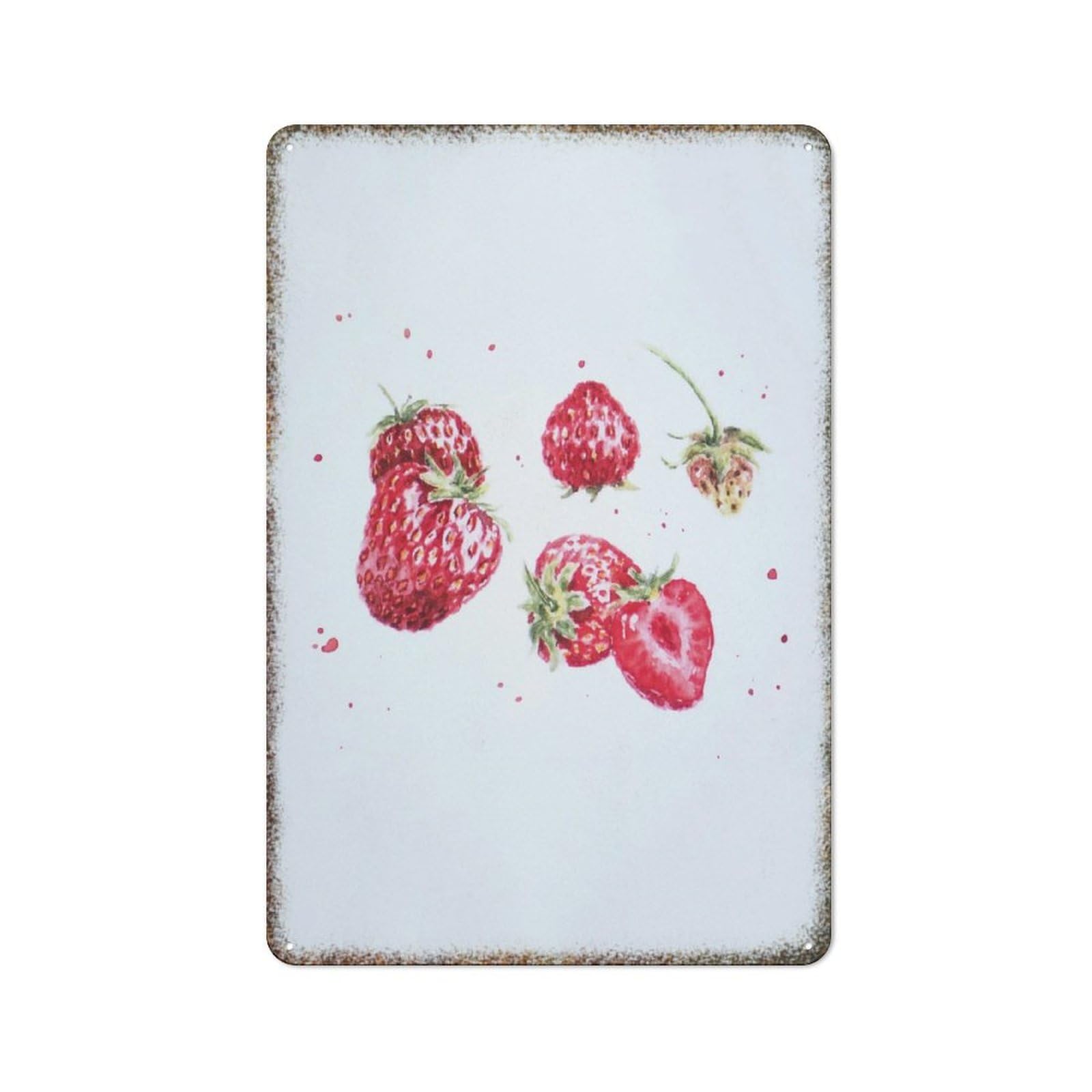 Strawberry Fruit Watercolor Embossed High Gloss Metal Sign Farmhouse Household Retro Wall Decor 8x12 Inch