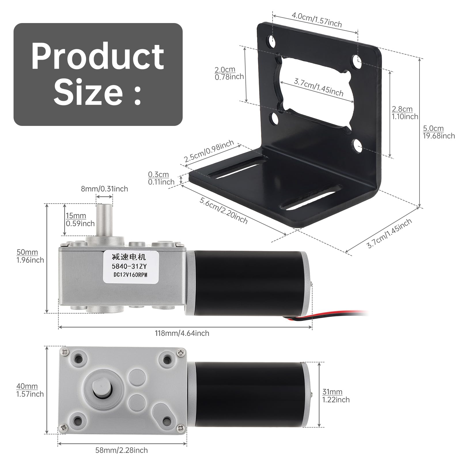 Motor de engranajes helicoidales de 12 V CC, 40 rpm, autobloqueo y reversible, mini motor eléctrico de imán permanente con soporte 5840-31ZY