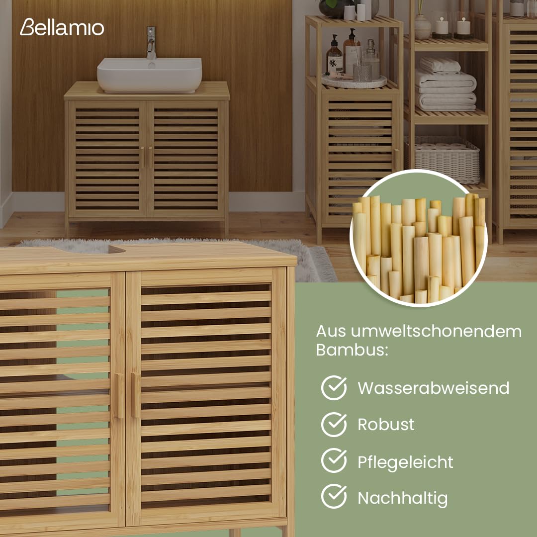 Bellamio Newa Waschbeckenunterschrank Bambus – Badezimmer Unterschrank für Waschbecken mit 2 Türen – Badunterschrank mit 2 Fächern – Waschtischunterschrank Bad 60x65x33 cm