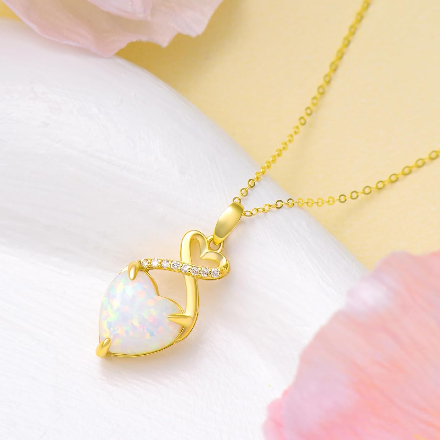 14K Solid Gold White Opal Necklace for Women Yellow Gold Heart Shaped Opal Pendant with Genuine Diamond Dainty Opal Jewelry for Her - Image 4