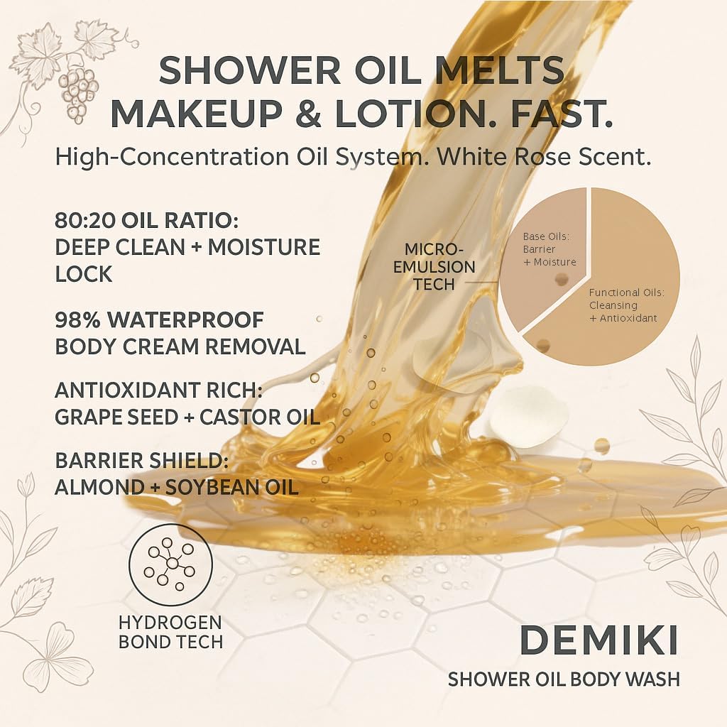 DEMIKI Bath Loofah Sponge & Shower Oil Body Wash, 1.62 fl.oz (48ml), Hydrating & Nourishing for Sensitive Skin, Soft Exfoliating Body Sponge, Winter Care Bath Oil