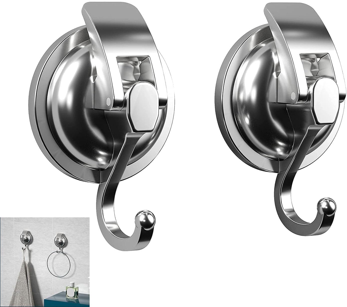 Aputue Suction Cup Hooks, 2 Pack Easy to Install Shower Heavy Duty Suction Cup Hooks, Super Suction Heavy Suction Cup Hooks for Indoor, Vacuum Suction Cup Hooks for Kitchen Bathroom (silver)