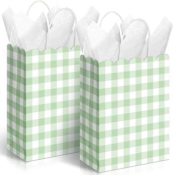 Kolldenn 24 Pcs Red Gingham Gift Bags with Handles | 8.3 x 6.3 x 3.2", Kraft Paper Scalloped Plaid Candy Bag, Goodie Checkered Bag for Christmas Party Picnic Birthday Wedding