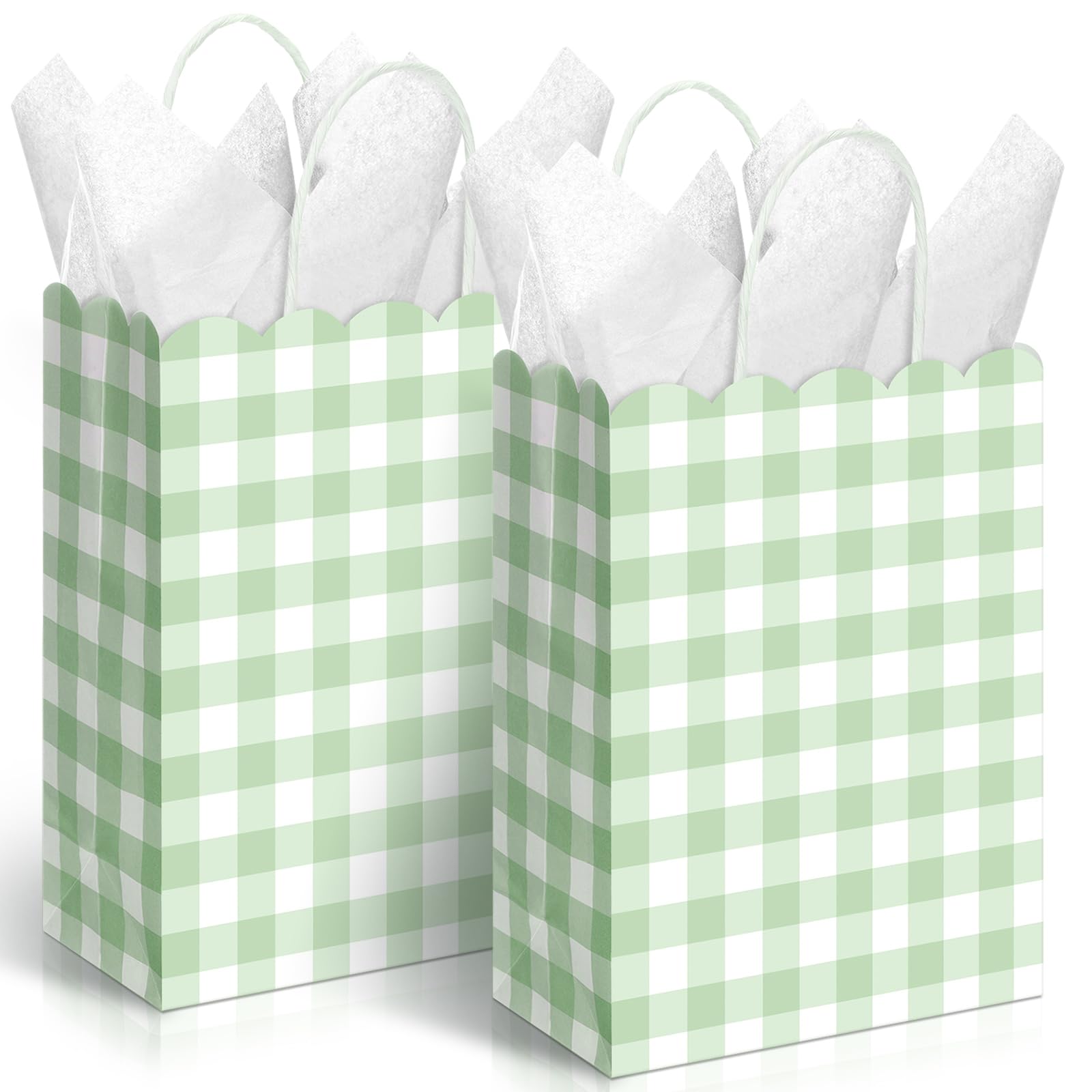 Kolldenn 24 Pcs Gingham Party Supplies Green and White Gift Bags 8.27 x 6.3 x 3.15 Inch Kraft Paper Checkered Plaid Candy Goodie Party Favors Bags for Easter Picnic BBQ Birthday Baby Shower Wedding โ image 1