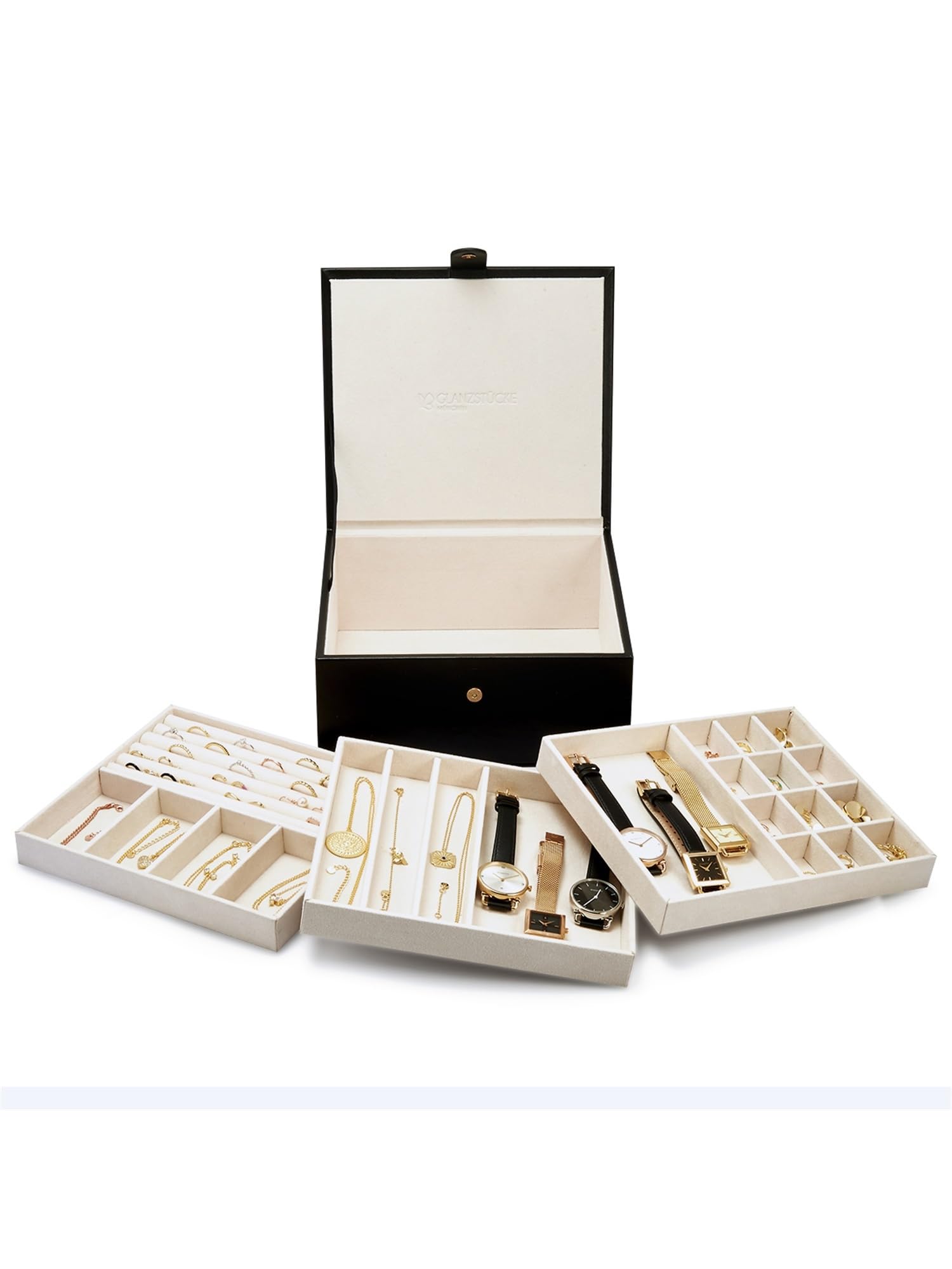 GLANZSTÜCKE MÜNCHEN Schmuck-Reisetäschchen Kunstleder schwarz | Samt, creme, Maße 21,0 x 19,0 x 9,0 cm, Spiegel nein, Schmucketui, Schmuckschatulle für die Reise