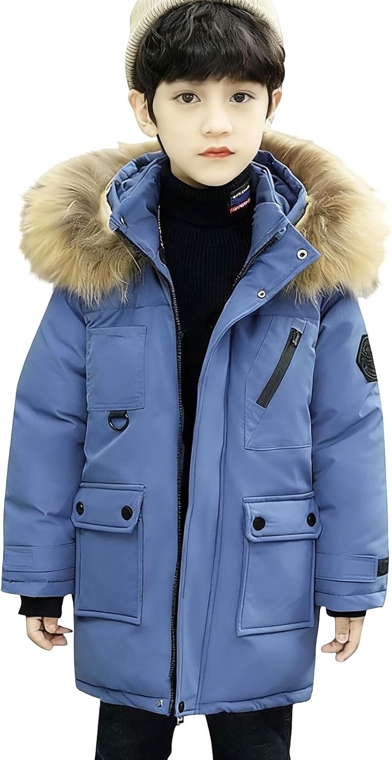 Boys Long Puffer Coat Winter Warm Windproof Insulated Down Jacket Kids Hooded Waterproof Coats Outerwear With Pocket