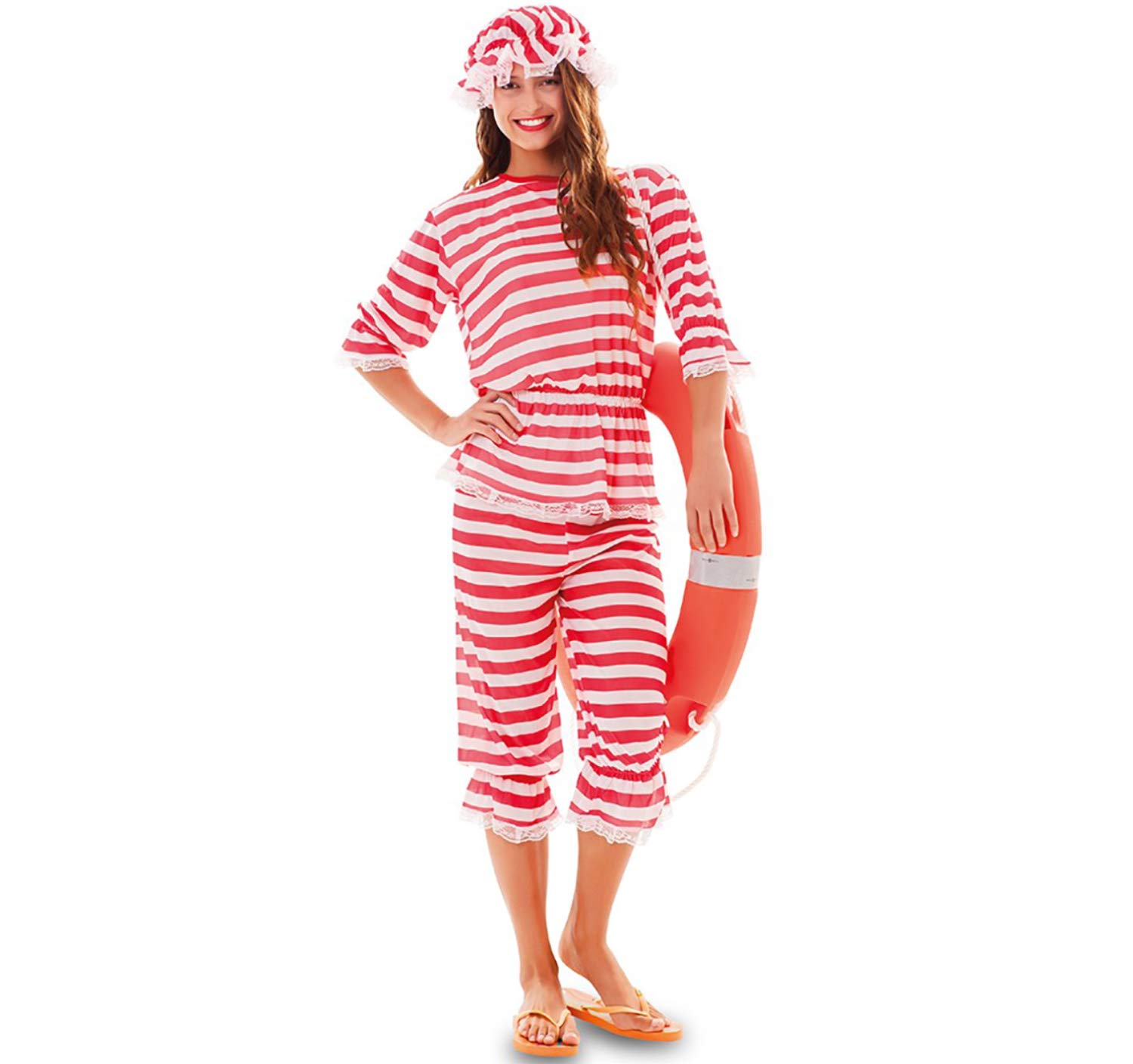 Unbekannt Damen Kostüm Retro Badeanzug rot-weiß gestreift mit Badeente Gr. 42, 46 Karneval (46)