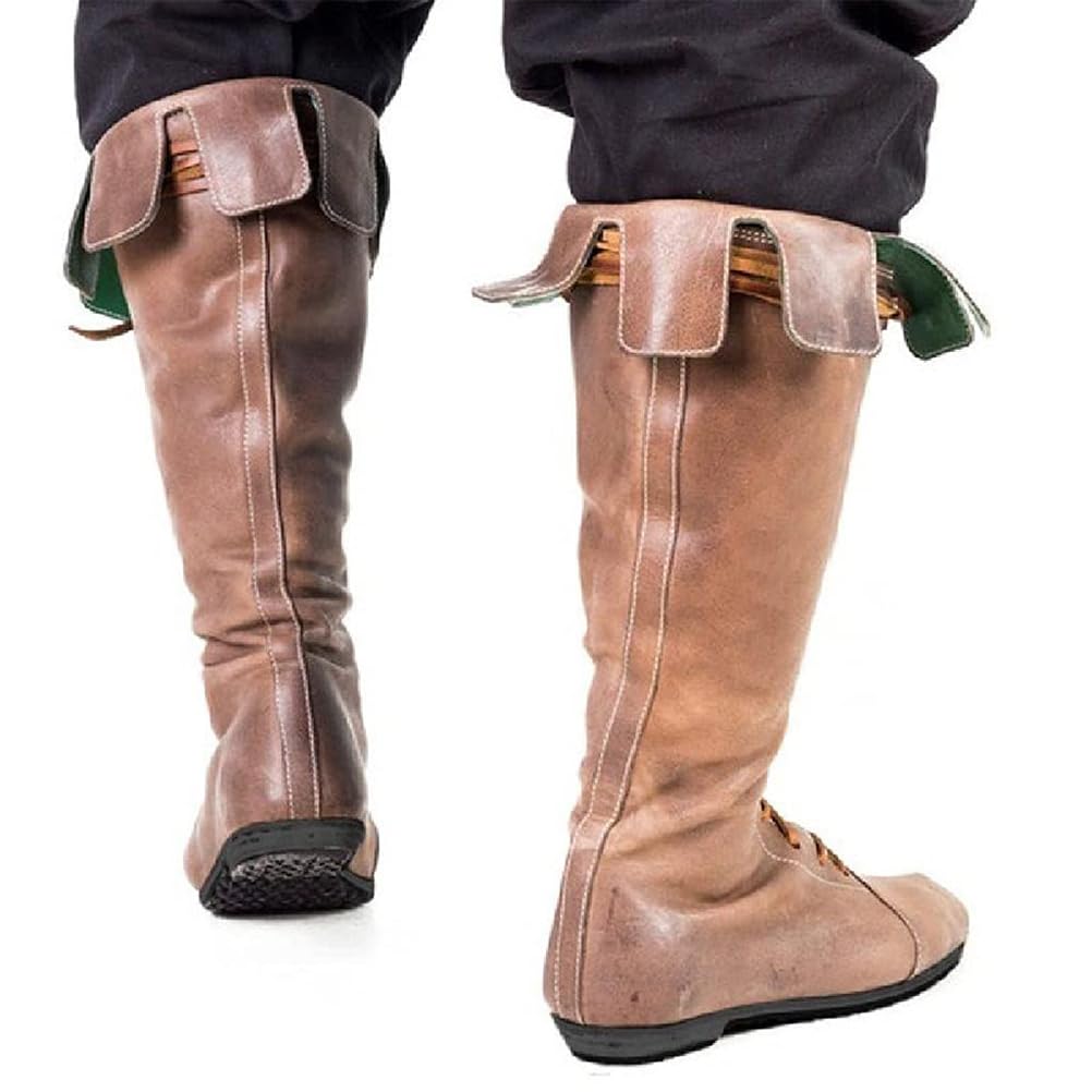 ORANDESIGNE Homme Médiéval Bottes en Cuir PU Rétro Bottes de Chevalier Lace-Up Plate Bottes Vintage Bout Rond Talon Chunky Bottes Knight Pirate Bottes Mi-Mollet