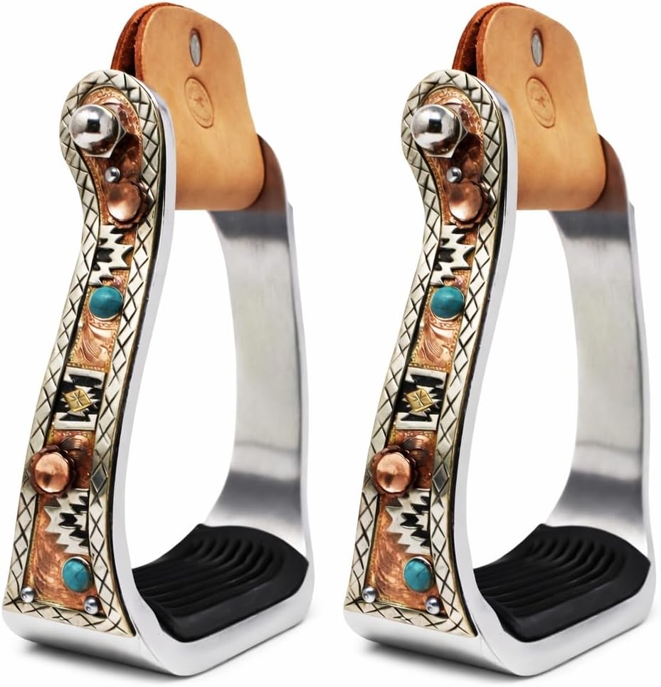 CHALLENGER Horse Western 5" Wide Turquoise Stone Aluminum Copper Barrel Stirrups 51237