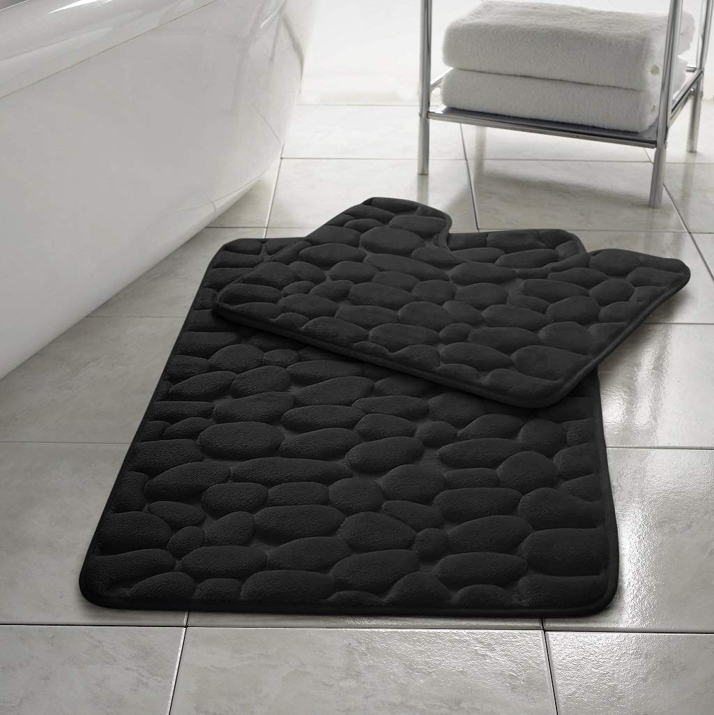 EXQUIZIT HOME Luxury 2PC Pebbles Memory Foam Bath & Pedestal Mat Sets Non Slip Soft Bathroom Rugs COLOUR : BLACK