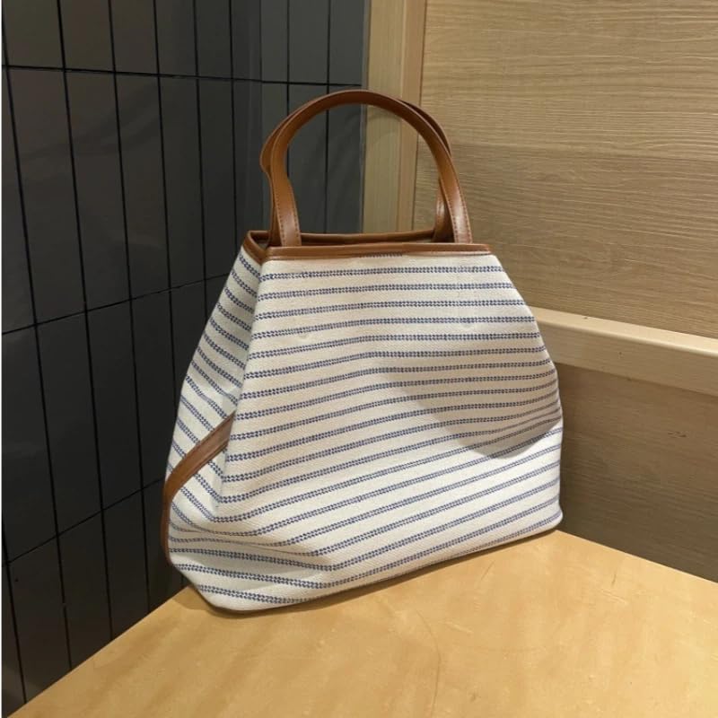 Bolso tote para mujer, de gran capacidad con rayas, estilo informal y relajado para trabajo, bolso de hombro de lona con cierre magnético miniatura 7