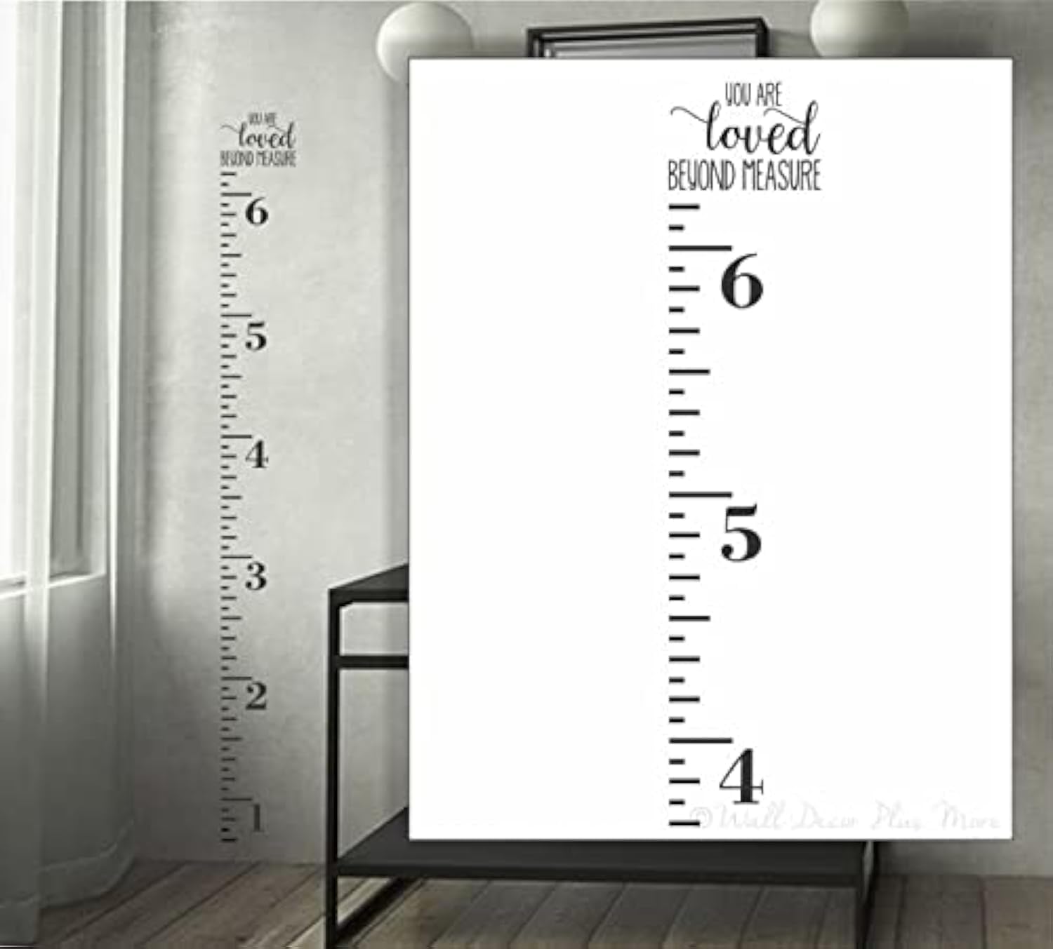 Sticker mural règle de croissance en vinyle noir Loved Beyond Measure pour chambre