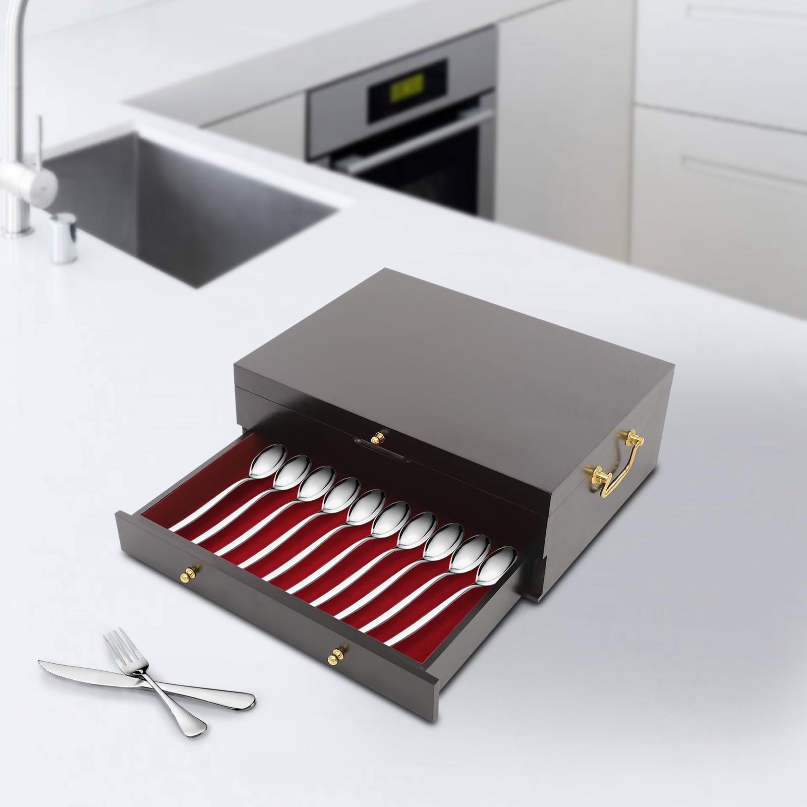 Bacocoo Wooden Silverware Chest, Double-Layer Storage Box with Felt Lining, 15.35x11.42x5.51 inches, Black and Red, Holds 12+ Sets