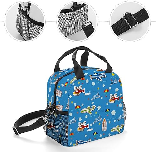 Miniatura 4 de Bolsa de almuerzo con diseño de aviones de dibujos animados, lonchera aislada, reutilizable, bolsa de mano para el almuerzo, elegante bolsa de mano