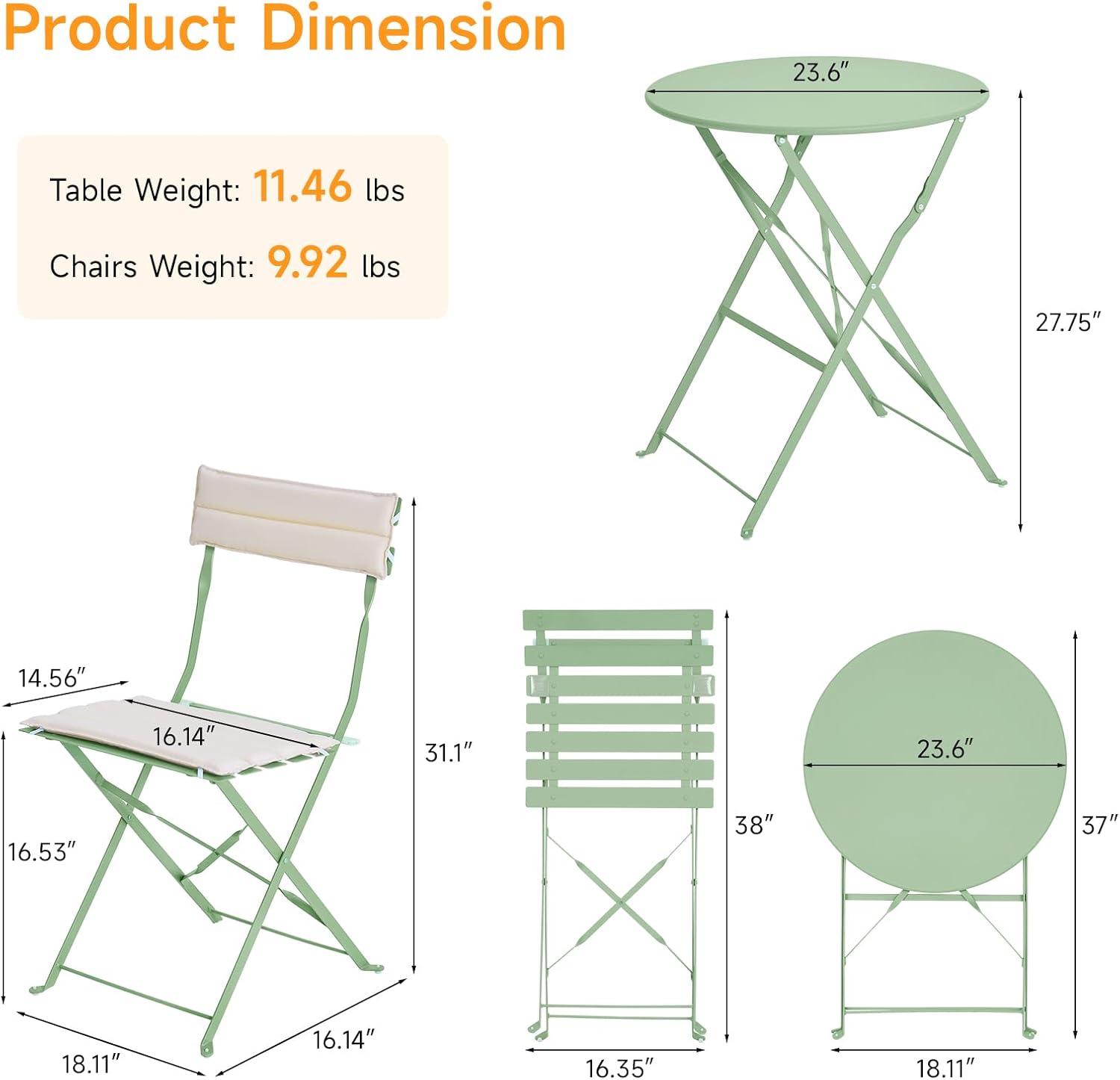 Bistro Table and Chairs set of 2, 3 Piece Folding Outdoor Patio Bistro Set with Comfortable Cushions, Weather-Resistant Stable Small Patio Furniture Set for Backyard Balcony Porch Coffee Shop, Green