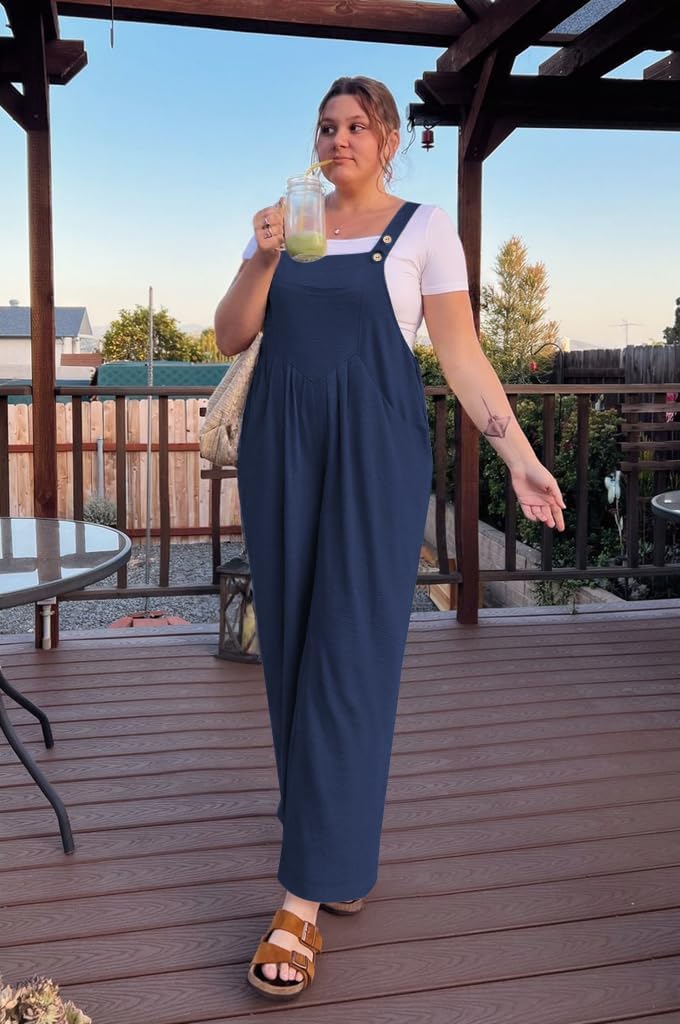 Plus Size Jumpsuit For Women Summer Casual Wide Leg Overalls Adjustable Strap Loose Rompers With Pockets