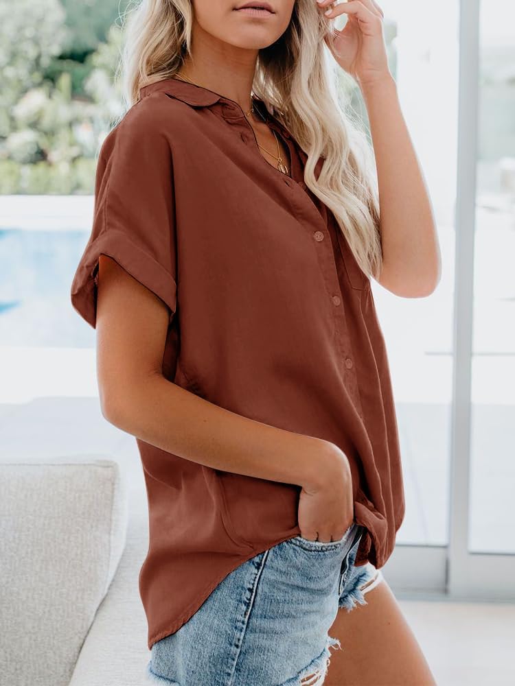 Womens Button Down Casual Shirts Cotton Short Sleeve Blouses Solid Summer Tops with Pocket - Image 3