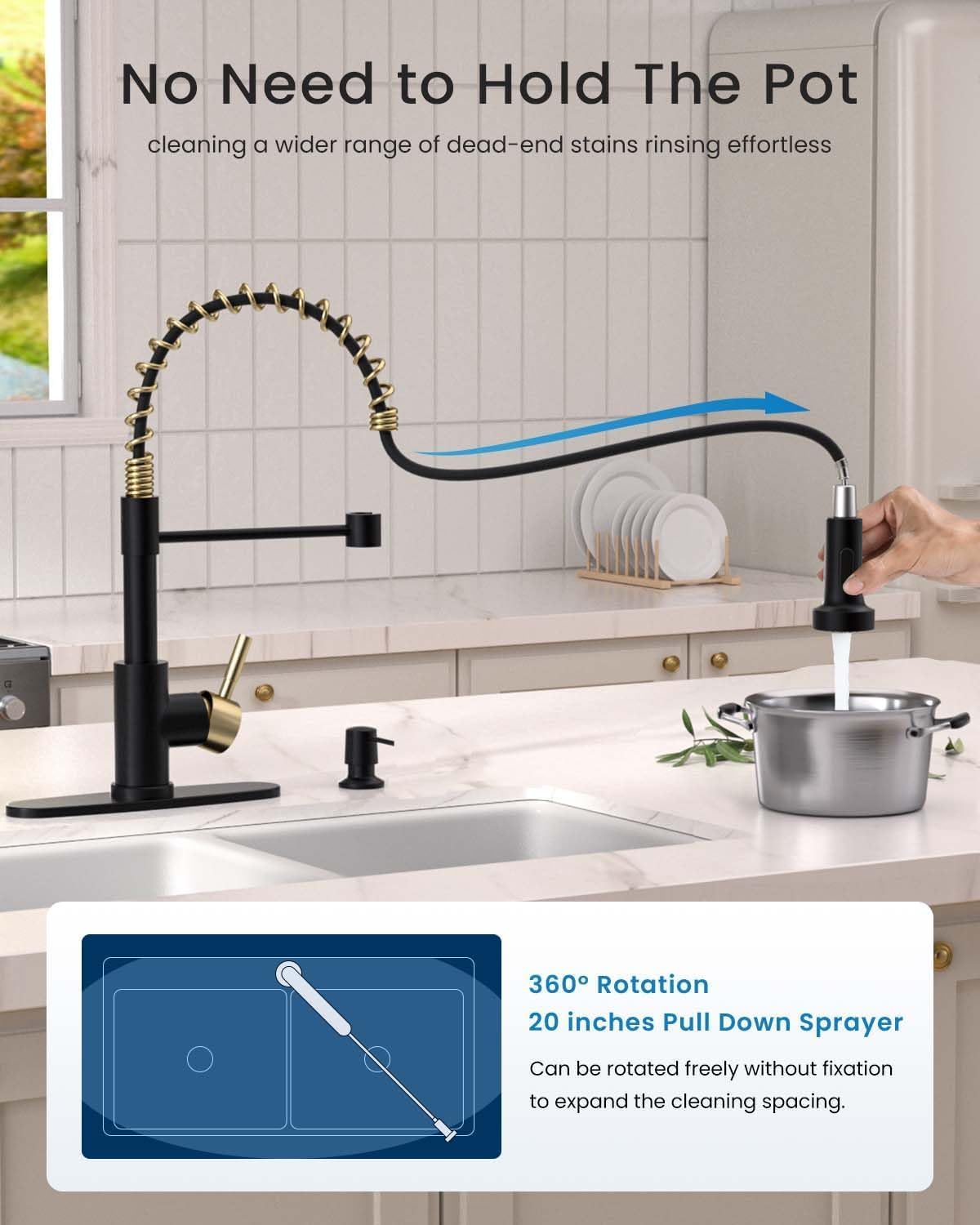 APPASO Grifo de cocina negro y dorado con dispensador de jabón, níquel cepillado, grifo de cocina extraíble, grifo comercial de arco alto de una sola manija para fregadero