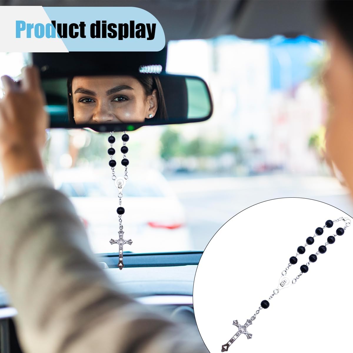  Car Rearview Mirror Decoration, Rosary Car Pendant, Cross Medal Hanging Ornament, Personalized Blessing Bead Decoration, Black thumbnail