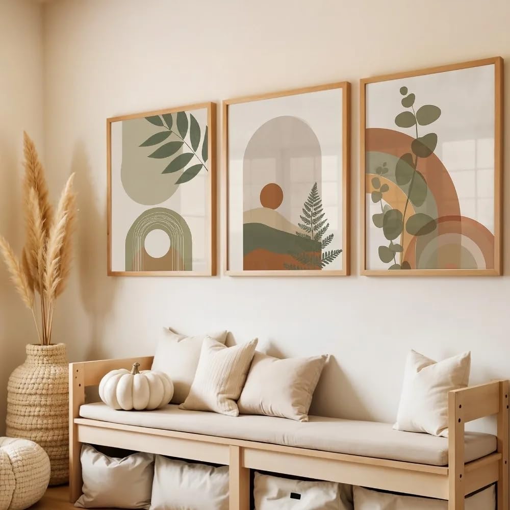 LTjiajuypd Olive Green And Orange Fern Canvas Prints Bohemian Abstract Floral Artwork Decor(60x85cm-3Pcs)