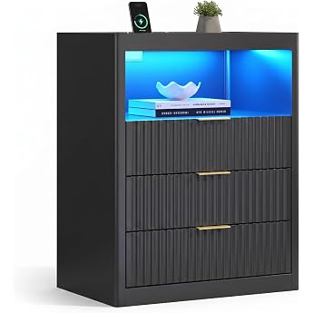 LED Bedside Table with Socket 2 AC Sockets and 2 USB Ports Bedside Cabinet with 3 Drawers and Open Shelf Modern Side Table for Bedroom Living Room Black 75 x 60 x 40 cm 1
