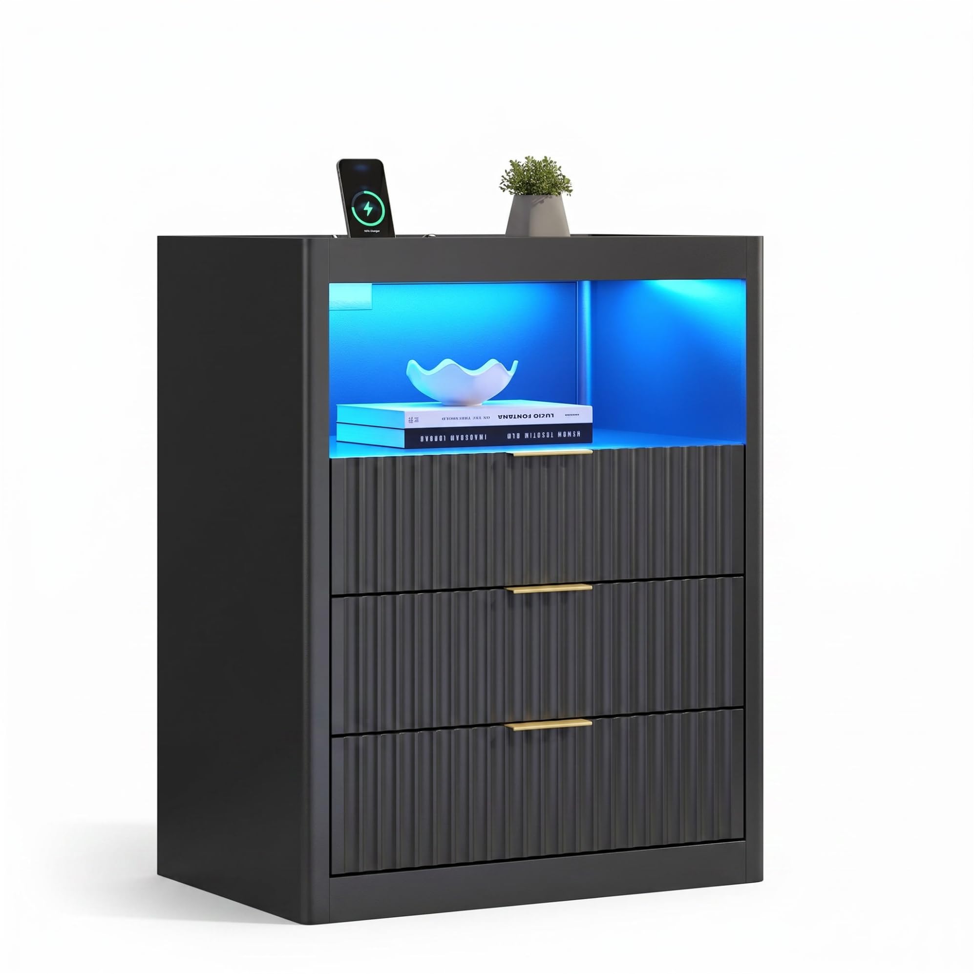 Extra große Nachttische mit Ladestation und LED-Beleuchtung, 75 x 60 x 40 cm Nachttisch mit 3 Schubladen und offenem Fach, Beistelltisch mit 2 USB-Anschlüsse für das Schlafzimmer (1)