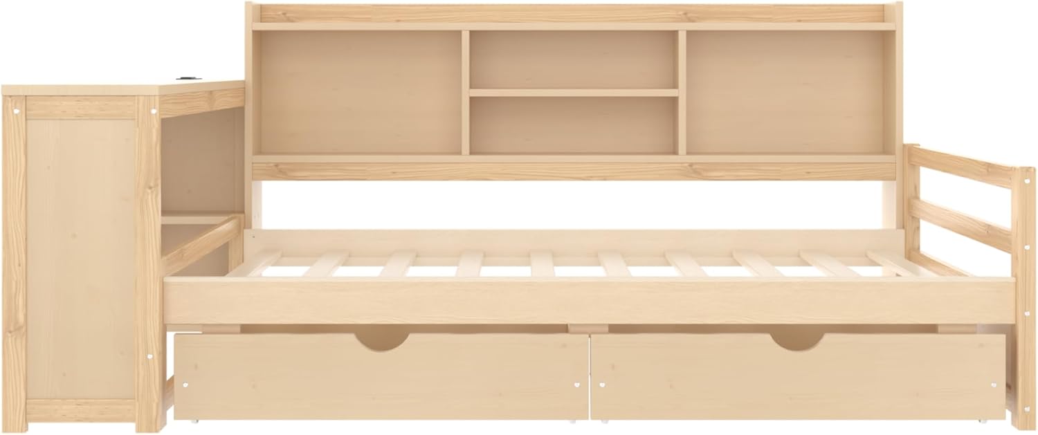 Bellemave Twin Corner Bed Frame with Desk and Storage Shelves,Charging Port, Wood Twin Size Daybed with Bookcase and Drawers, Natural Color