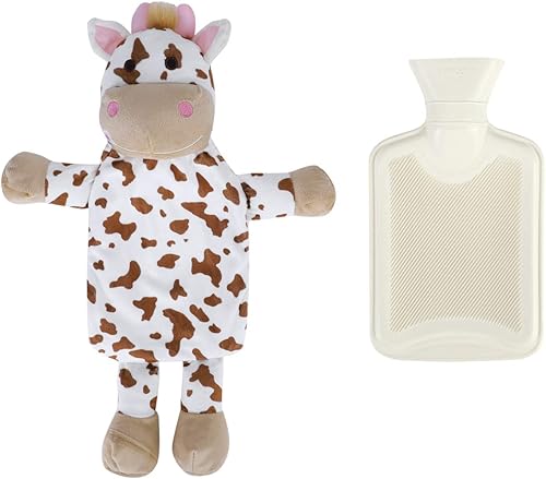 Mini calentador de botellas de agua caliente con linda funda de animal de peluche de vaca, cintura, cuello, hombro, bolsa de agua fría y caliente,