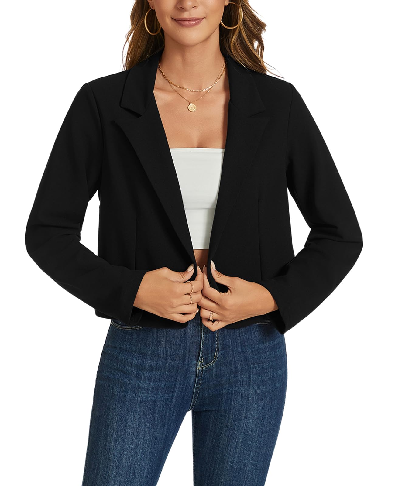 MINTLIMIT Cropped-Blazer für Damen, lässig, langärmelig, offene Vorderseite, Jacke, Arbeit, Business, kurzer Blazer mit Ziertasche