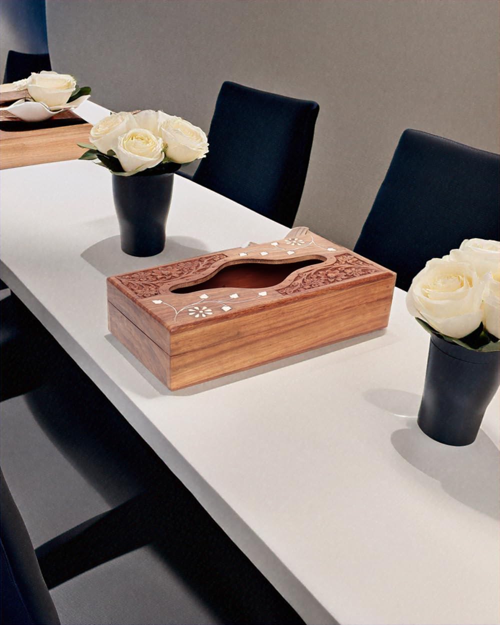 Wooden Tissue Box Cover, 9 x 5 Inch, Compatible with Pottery Barn Furniture and Decor, Anthropologie Furniture Style for Elegant Wooden Home Accessory (Carving White)