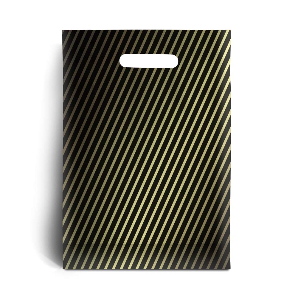 Various Designs Plastic Carrier Bags | Loot Bags | Party | Sweets | Festive (Pack of 50, Black & Gold Stripes - 9" x 11" (23cm x 28cm))