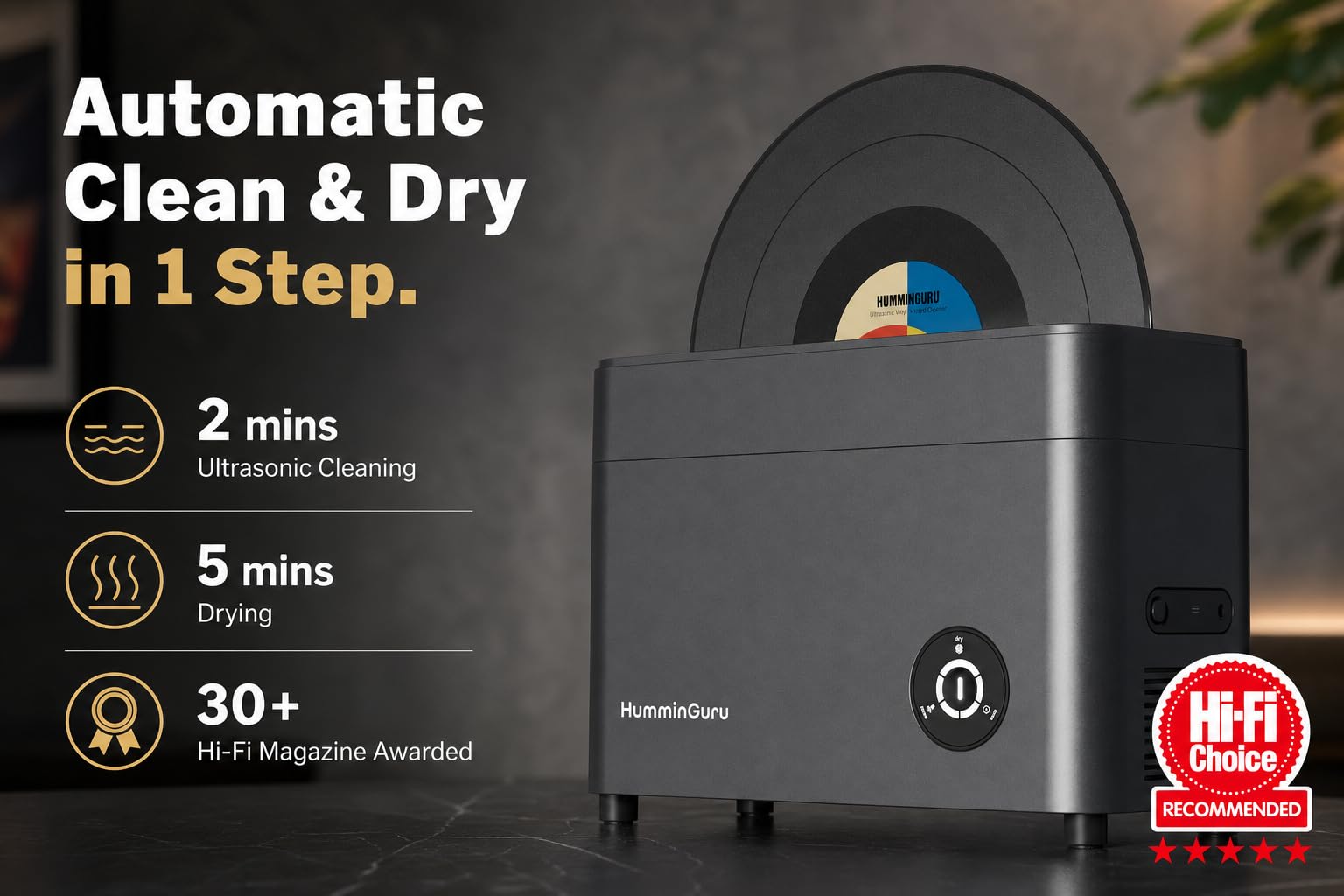 HumminGuru Limpiador ultrasónico de Discos de Vinilo: Limpieza ultrasónica de Discos de Vinilo a 40 kHz con Secado automático, Kit de Limpieza de Discos de Vinilo con filtros (HG01, 7/10/12 Pulgadas)