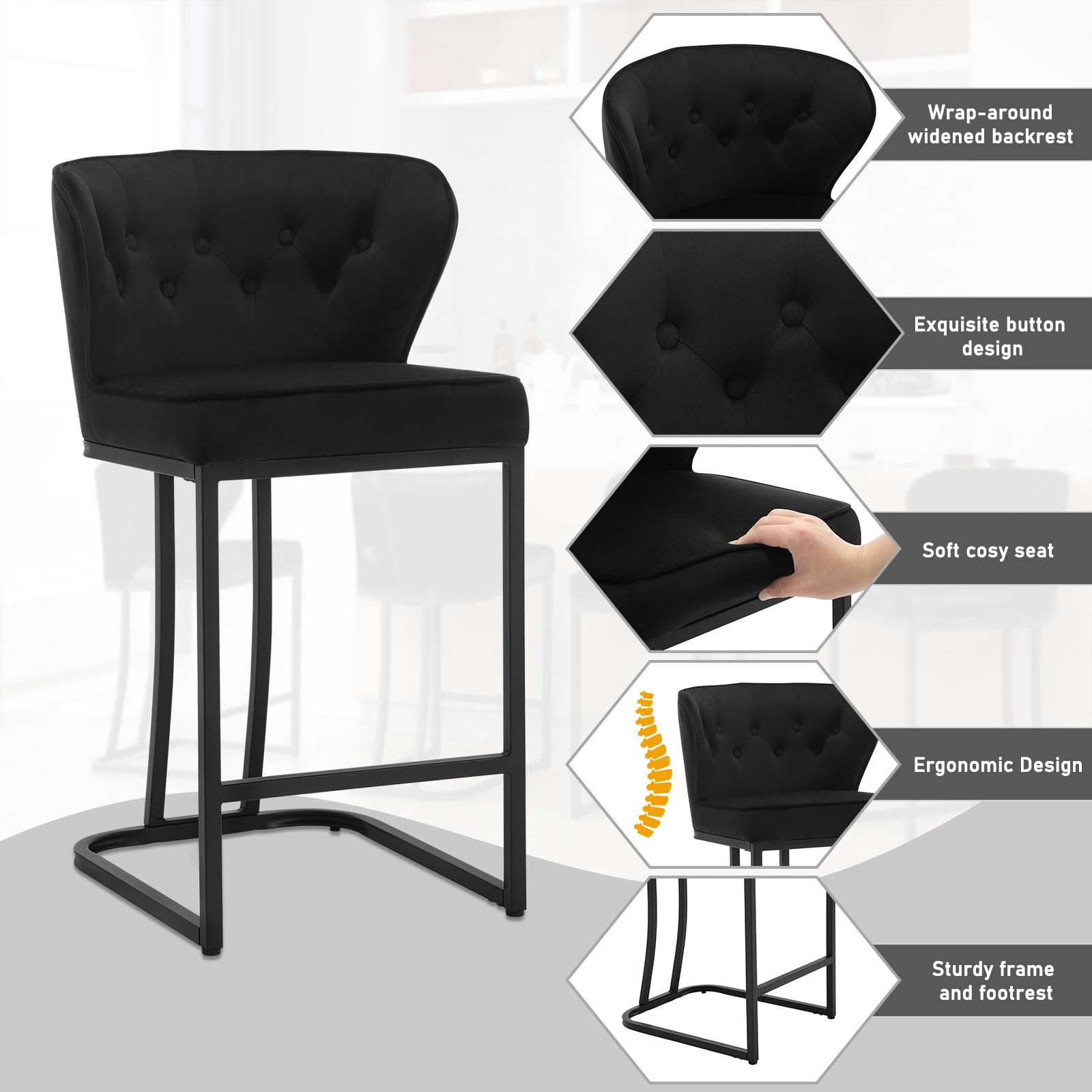 Set 2 Sgabelli Da Bar Con Schienale | In Velluto E Metallo | Per Cucina E Soggiorno - Foto 5