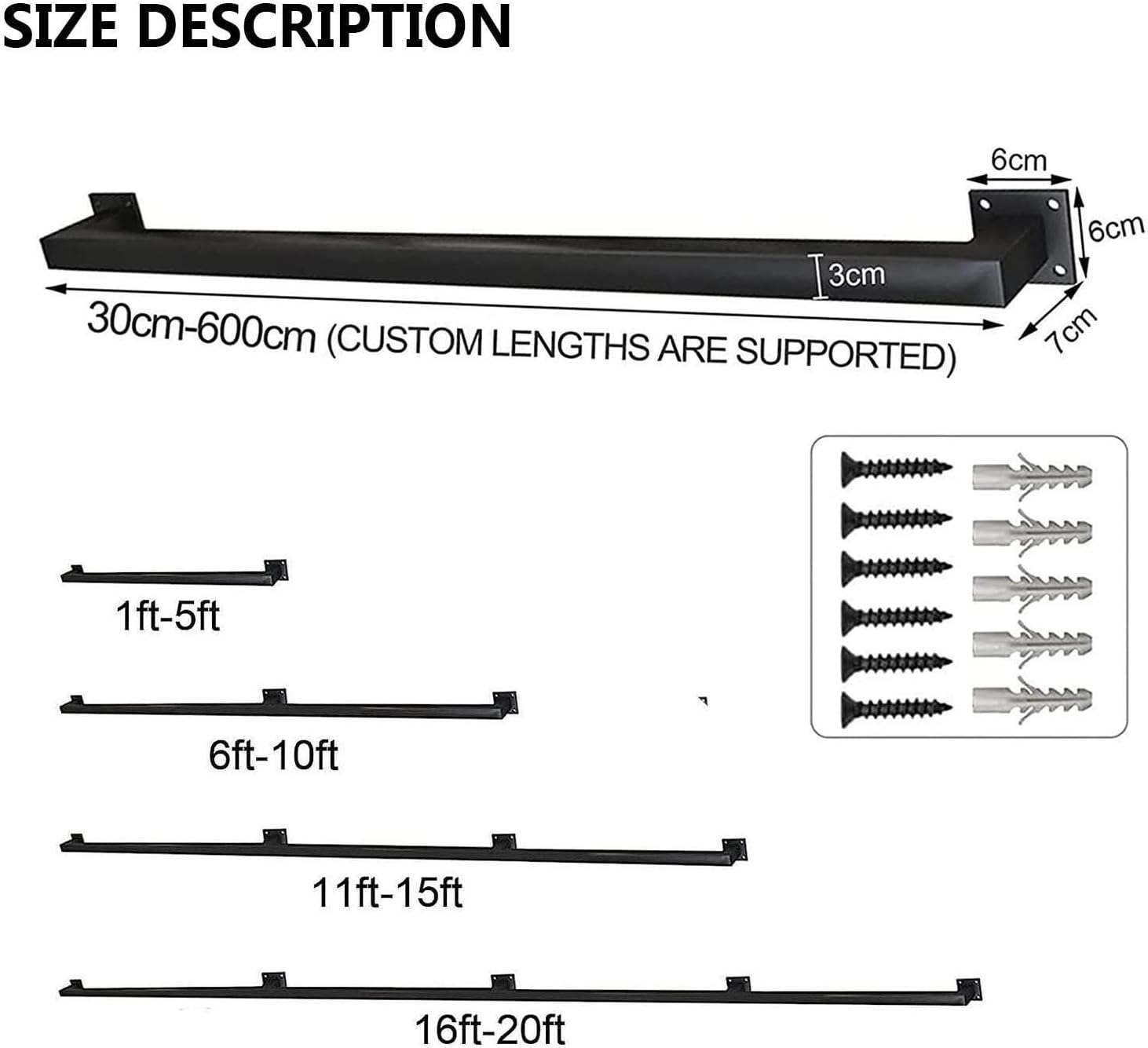 Black Square Pipe Stair Handrail - Complete Kit. Metal Wrought Iron Staircase Handrail Banister Outdoor Grab Rail Wall Mount Support Bar, for Indoor and Outdoor. 1-20ft (Size: 1ft/30cm)