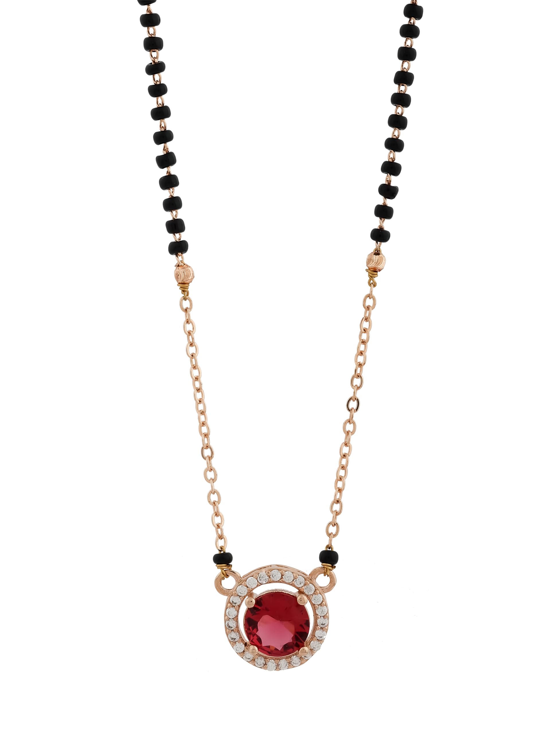 American Diamond Ruby Studded Short Mangalsutra in Rose Gold Plating-image-1