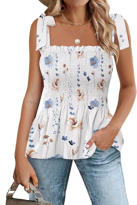 Micoson Ruffle Tank Tops for Women Summer Square Neck Sleeveless Tops Tie Shoulder Chiffon Blouse Babydoll Shirts