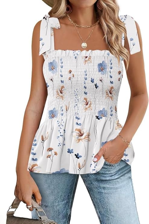 Micoson Ruffle Tank Tops for Women Summer Square Neck Sleeveless Tops Tie Shoulder Chiffon Blouse Babydoll Shirts